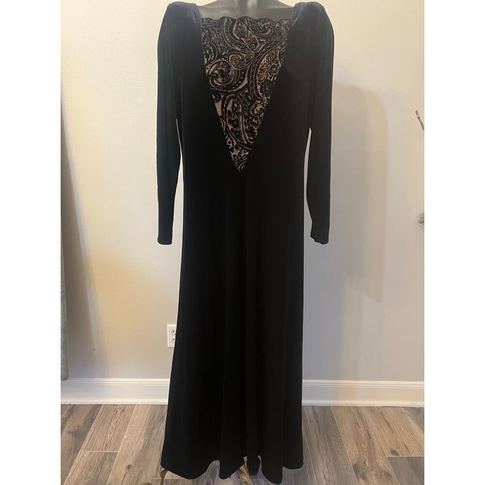 Women's Black Velvet Maxi Dress Sz 8 Beaded V-Neck Glam Whimsigoth Witchy Vamp